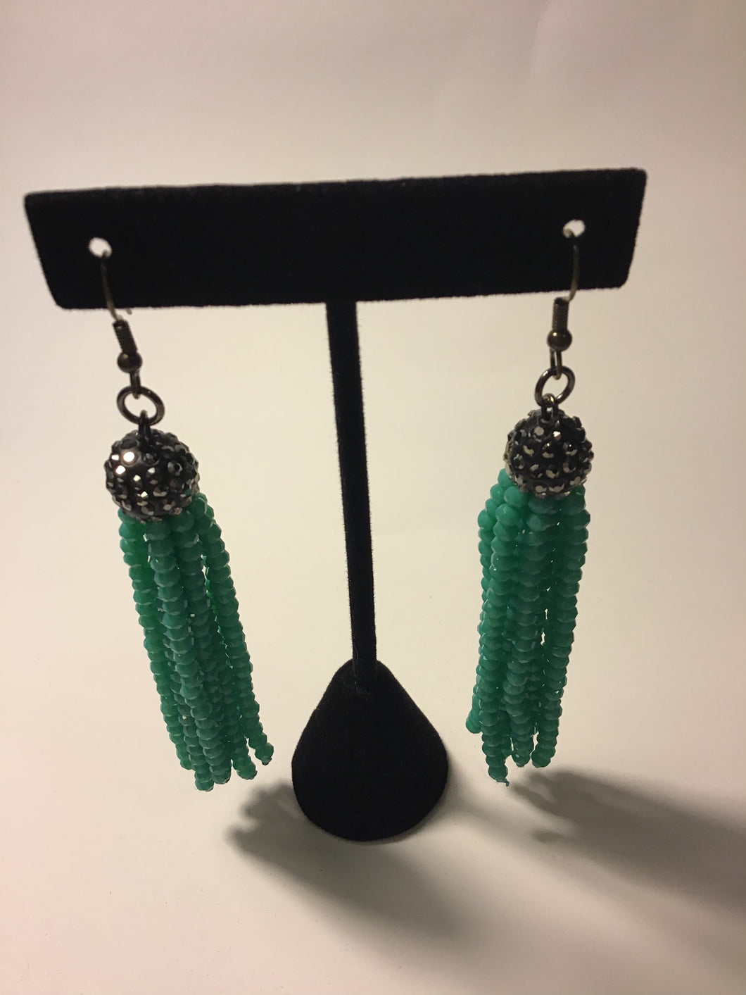 Teal Beaded Tassel Drop Earrings