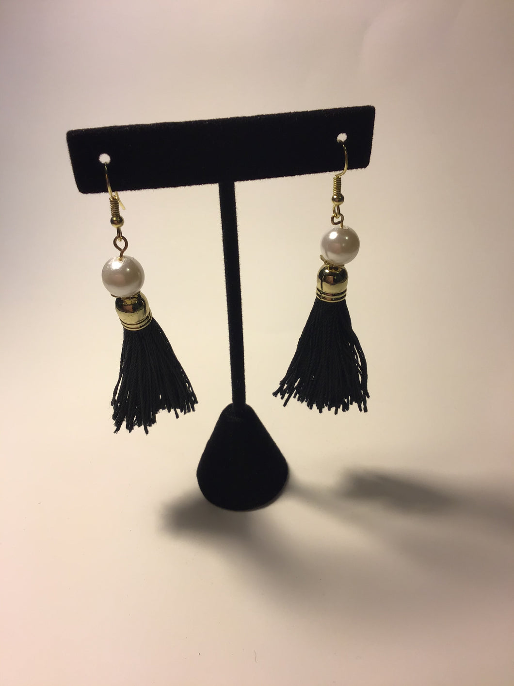 Cloth Black Tassel with Pearl Earrings