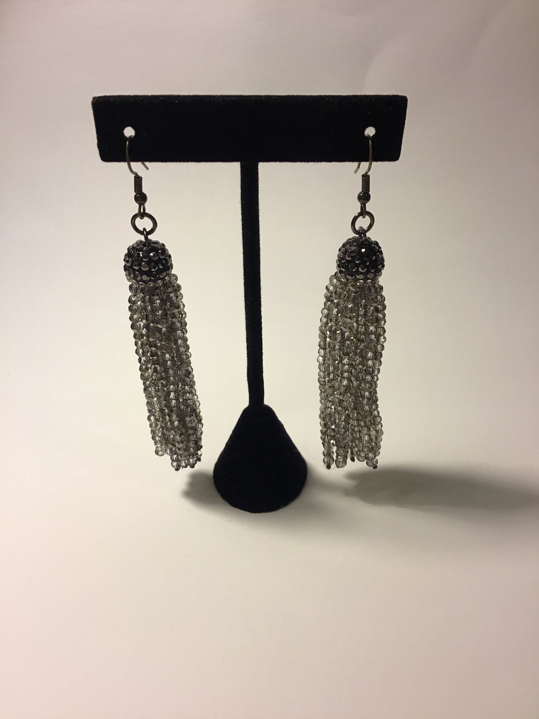 Silver Beaded Tassel Drop Earrings