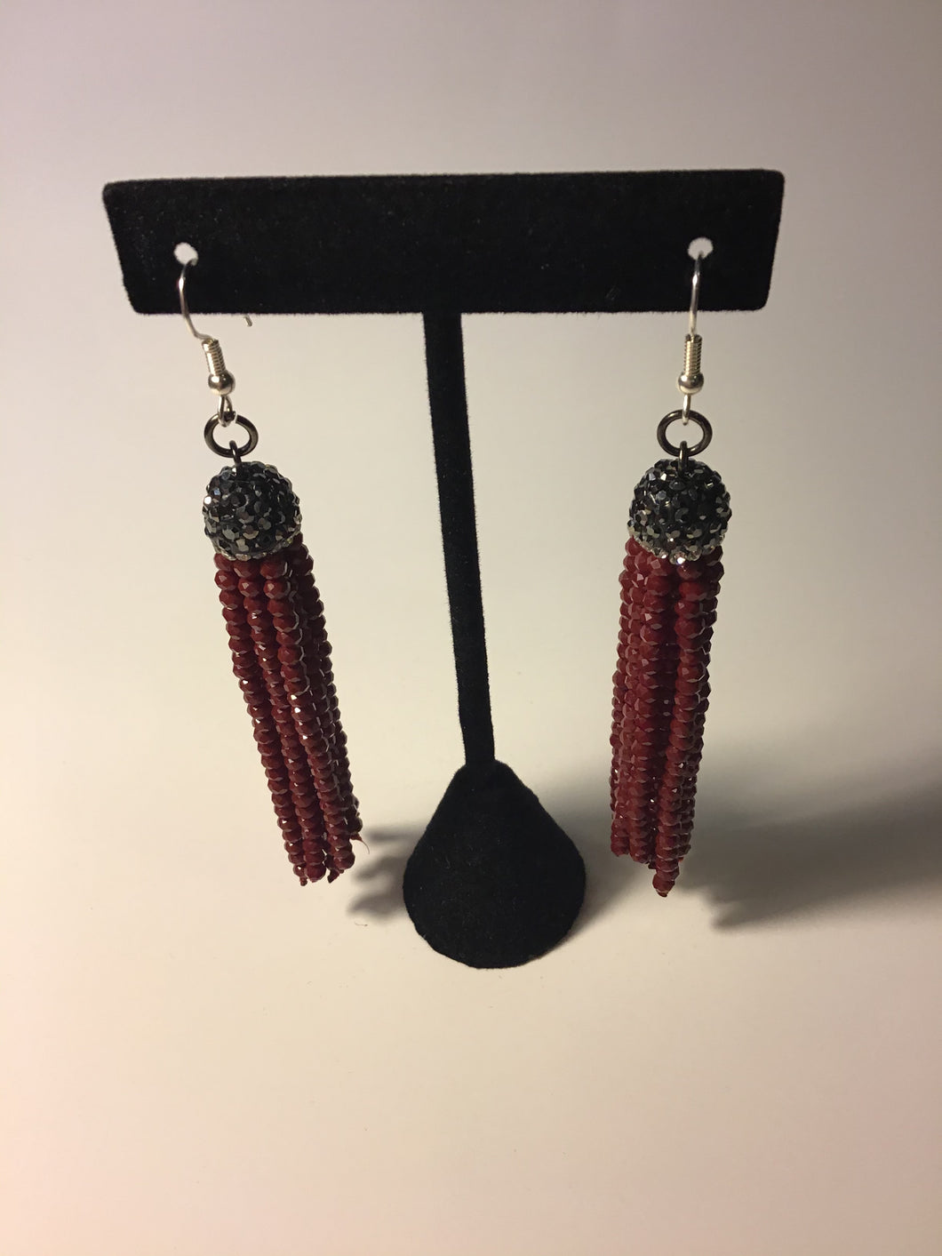 Dark Red Beaded Tassel Drop Earrings