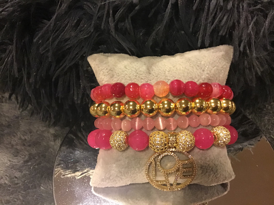 Love pink and gold stack with agates and hematite bracelet