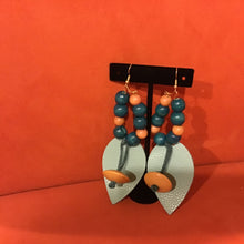 Load image into Gallery viewer, Turquoise and tan wooden earrings and bracelet set
